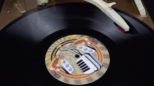 Old Vintage Turntable With Vinyl Record Top View 1.