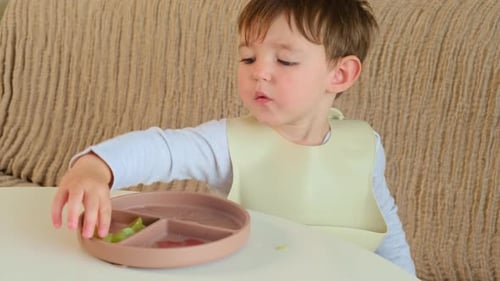 Cute Child Eating Grapes at Table Indoors