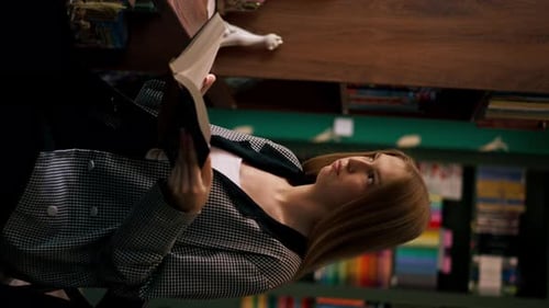 Young Woman Reading a Book in a Library