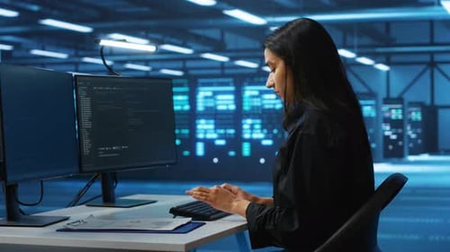 Woman Coding at Computer Workstation in Server Room