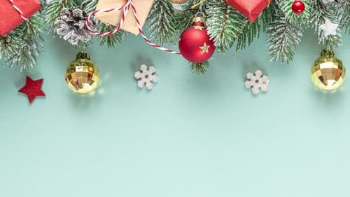 Christmas Background with Snowy Fir Tree Branches Festive Decorations Gift Boxes and Pine Cones on