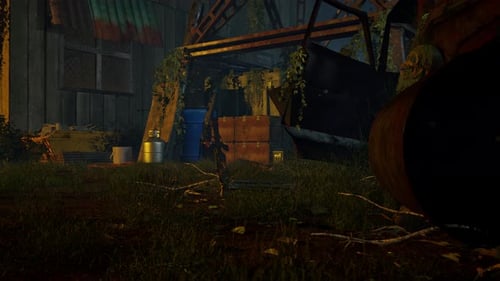 An abandoned post-apocalyptic camp at night, with a skeleton and scattered supplies