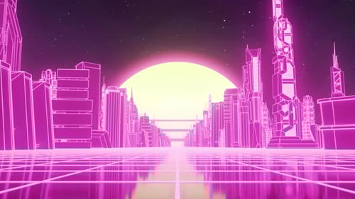Seamless loop of retro cyberpunk cityscape with a moving grid floor