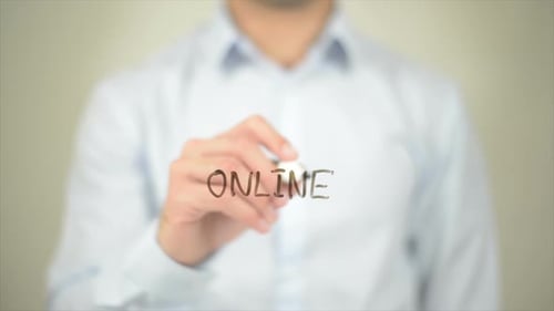 Online, Man Writing on Transparent Screen