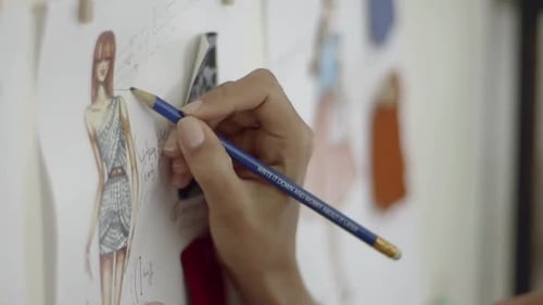 Close up of a Young female fashion designer working at home studio.