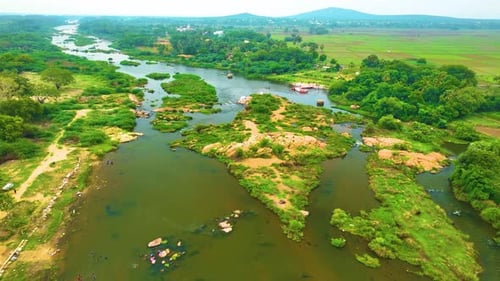 River and Bridge - Aerial View - Backwards