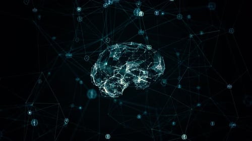 Blue polygon brain logo and digital ai icons linked on grid mesh and line connection rotation