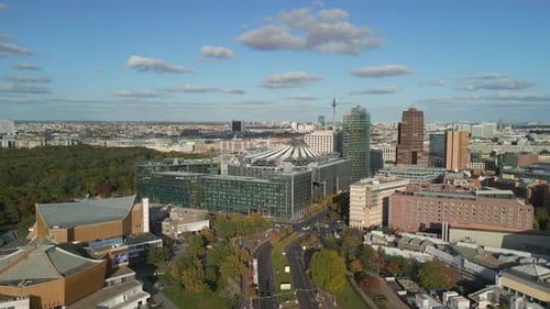 Fantastic aerial view flight boom slide to left drone
of Berlin city downtown center at daytime summ