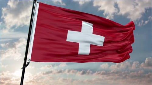 Realistic Waving Switzerland Flag Against Blue Sky Background