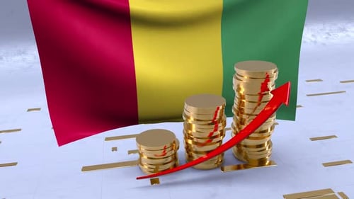 Guinea Flag With Gold Coins Tower And Up Arrow
