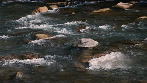 Fast flow of water on a mountain river. Beautiful mountain river.