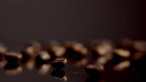Roasted coffee beans on a reflective surface