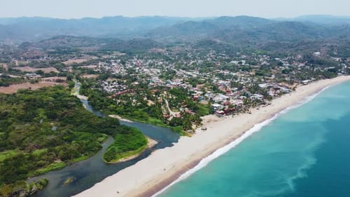 Beach, Estuary And Town In Mexico. Lo de Marcos, Nayarit