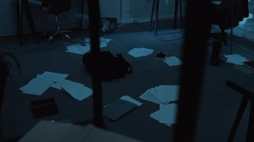 Papers, Folder, Notebook and Bag Scattered on Floor after Office Burglary