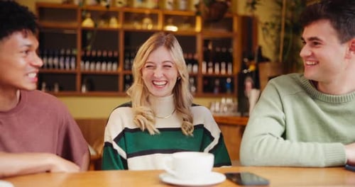 Friends, people and happy at cafe for coffee date or lunch with smile for bonding, support and care