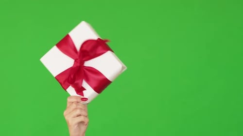 Hand Holding Gift Box with Red Ribbon