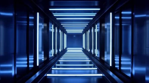 Futuristic Blue Neon Light Tunnel Journey