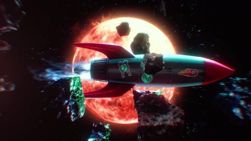 Retro Rocket Flying Across The Sun In Space Loop