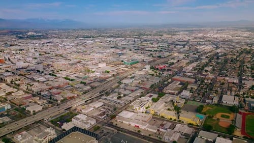 Many low buildings in the dense architecture of Los Angeles, California, USA.