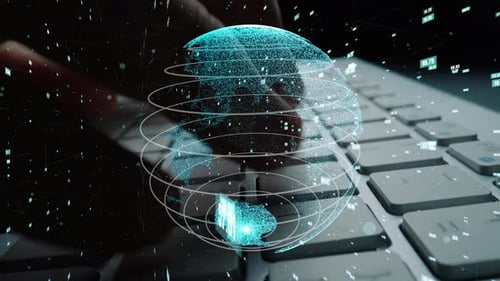 Futuristic Globe Over Keyboard with Data Stream