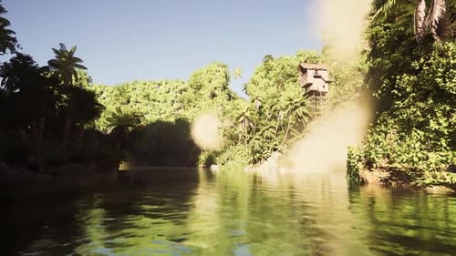 Radiant Water Inlet Bordered By Lush Tropical Trees and Ancient Rocks