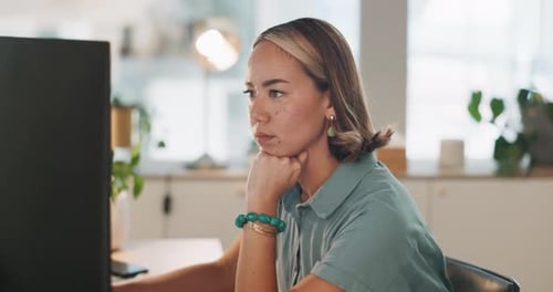 Thinking, serious or business woman with computer for company growth, social network