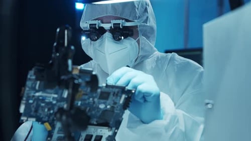 Microelectronics Engineer Works in a Modern Scientific Laboratory on Computing Systems and