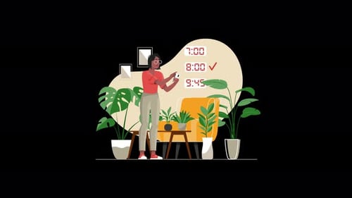 Femme vérifiant l'heure avec des plantes au design d'inspiration africaine.
