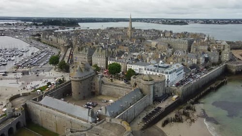 Aerial wide panoramic view of Saint-Malo city and medieval fortified castle in France