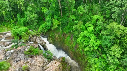 Breathtaking waterfall in lush green jungle.