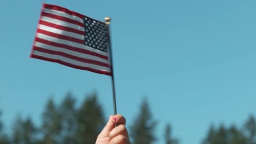 Child's Hand Waving an American Flag on Sunny Day