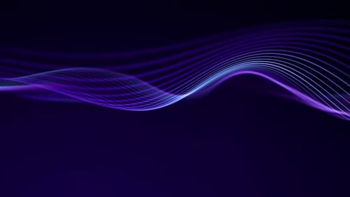 Geschlungener abstrakter Partikelflusshintergrund mit eleganten Wellen, leuchtendem blauem und rosafarbenem Purpur-Leuchteffekt