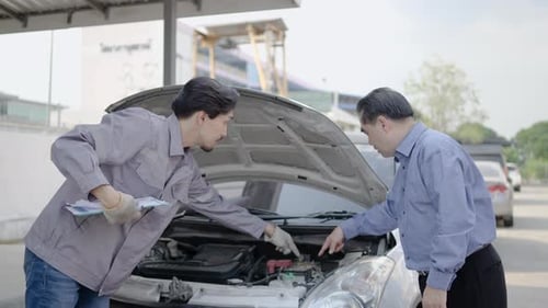 Mechanic and Customer Inspecting Car Engine