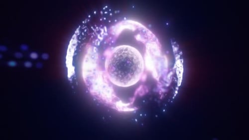 Purple energy magic circle, sphere, ball made of futuristic waves and lines of particles of atomic