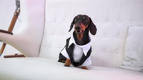 Dachshund Dog Wearing a Tuxedo Sitting on a Chair