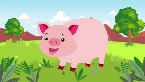 Happy Cartoon Pig Winks in Green Field Animation