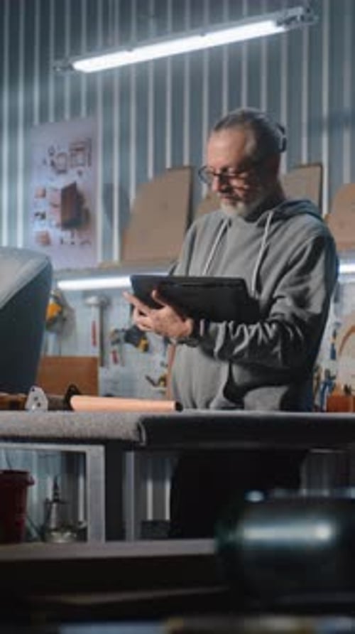 Mature Carpenter or Designer Uses Digital Tablet in Furniture Workshop