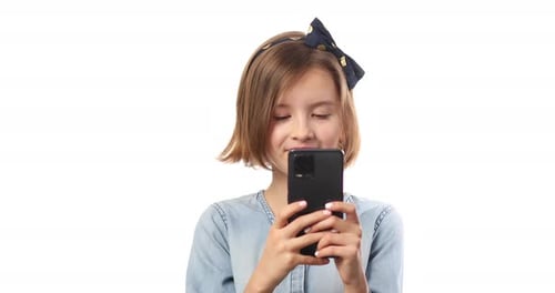 Girl Using Smartphone Device on White Background