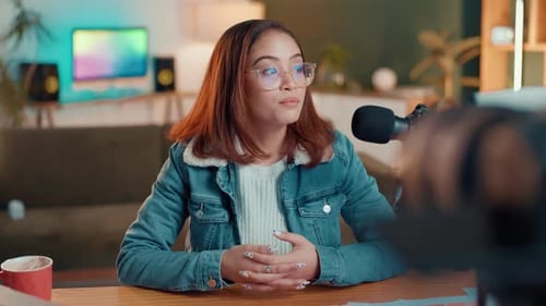 Influencer, microphone and streaming with woman in recording studio for content creator