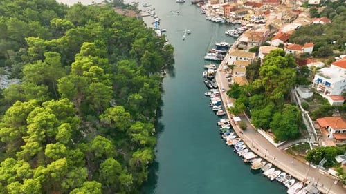 Stunning Aerial Drone Shot of the Narrow Channel in Gaios, Paxos Island, Greece,