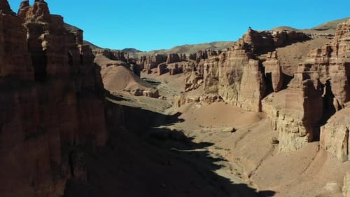 Cinematic drone shot going through the Charyn Canyon ravine in Kazakhstan