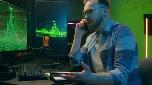 Stressed Caucasian Man Guy Programmer Freelancer Crypto Trader Speak Two Mobile Phones Multitasking