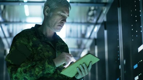 Military Man in Data Center Uses Tablet Computer. Rows of Server Racks are Seen.