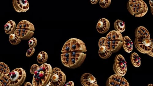 Seamless Loop of Falling Waffles with Berries and Cream