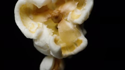 Lonely salty popcorn on a black background, spinning, falling concept, macro photography.