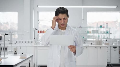 Young Scientist Reads Paperwork with Concerned Expression