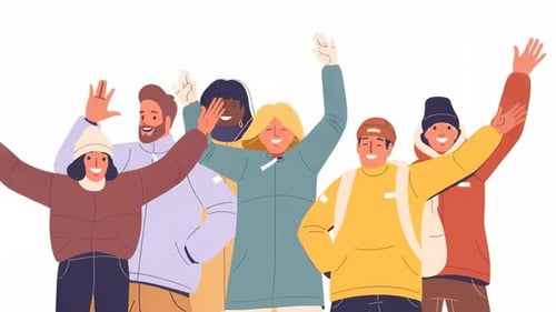 Happy Group of College Friends Waving ,Smiling, Dancing Together, Cheerful Youth, Cartoon Animations