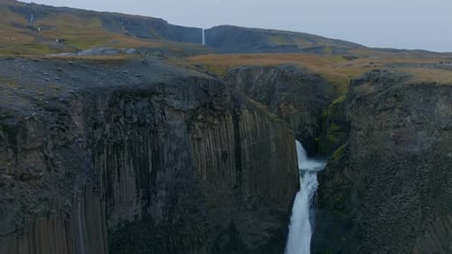 Aerial view of Hengifoss waterfall in Iceland.