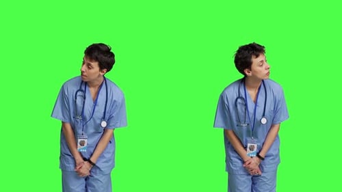 Medical Assistant Being Impatient Against Greenscreen Backdrop