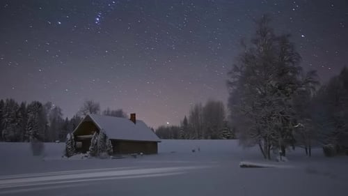 Starry sky with Milky Way and snow covered hut. Christmas holiday and winter vacations concept